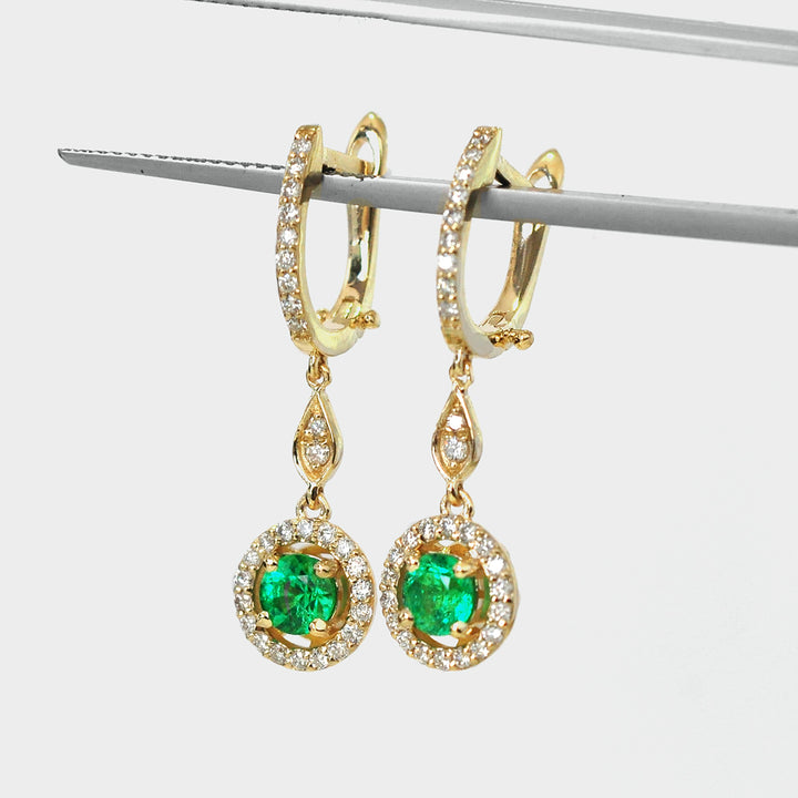 Round Emeralds and Halo Diamonds Earrings