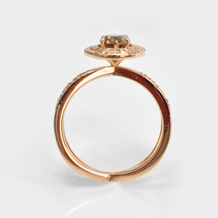 Double Halo Split Shank Oval brown Diamond Ring