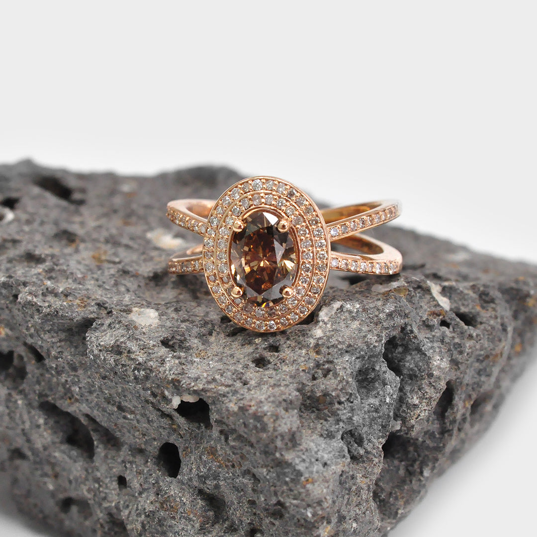 Double Halo Split Shank Oval brown Diamond Ring