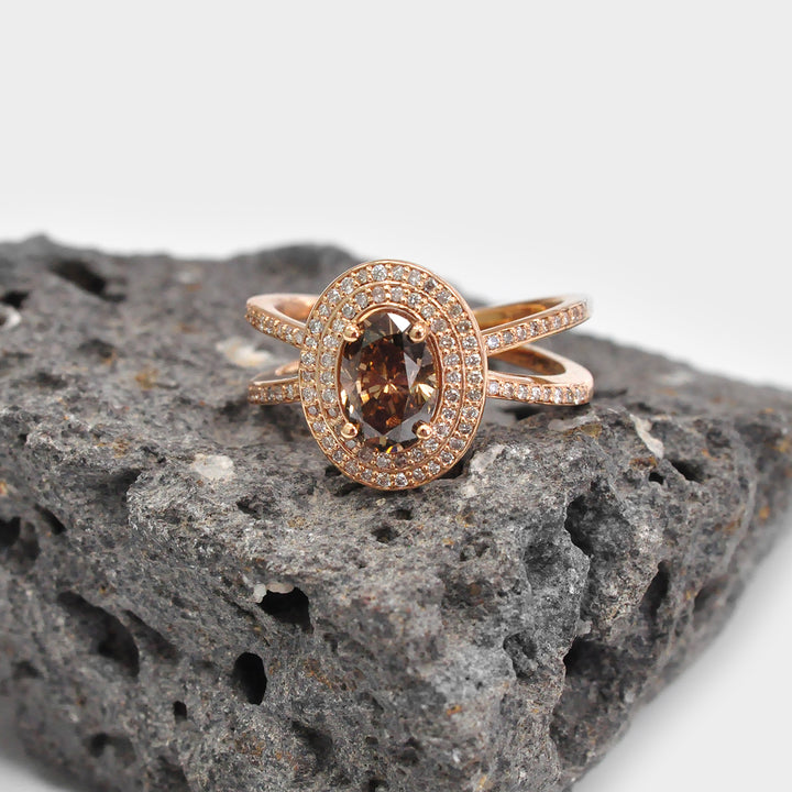 Double Halo Split Shank Oval brown Diamond Ring