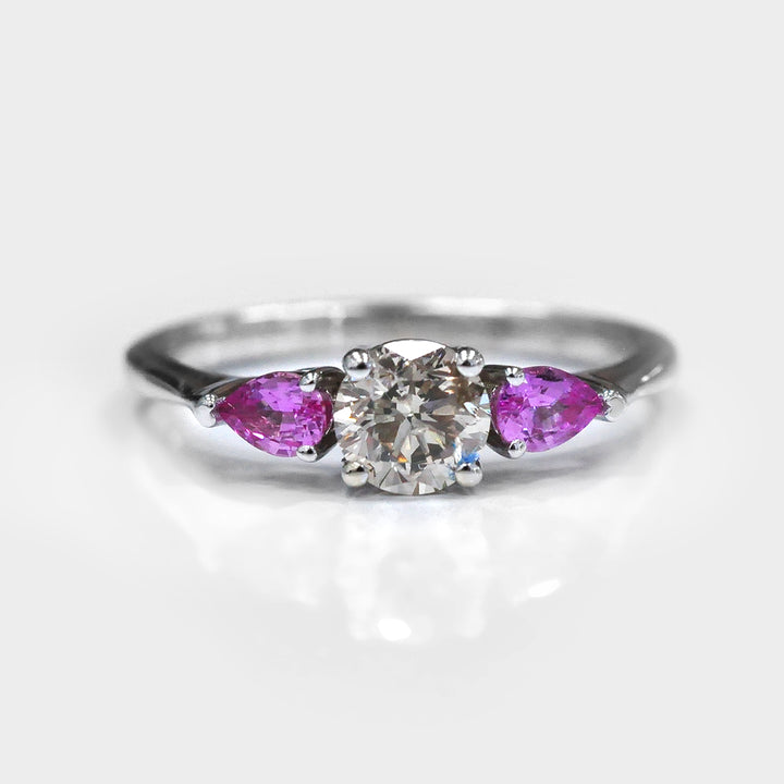 Light Brown Diamond and Pink Sapphire 3 stones Ring