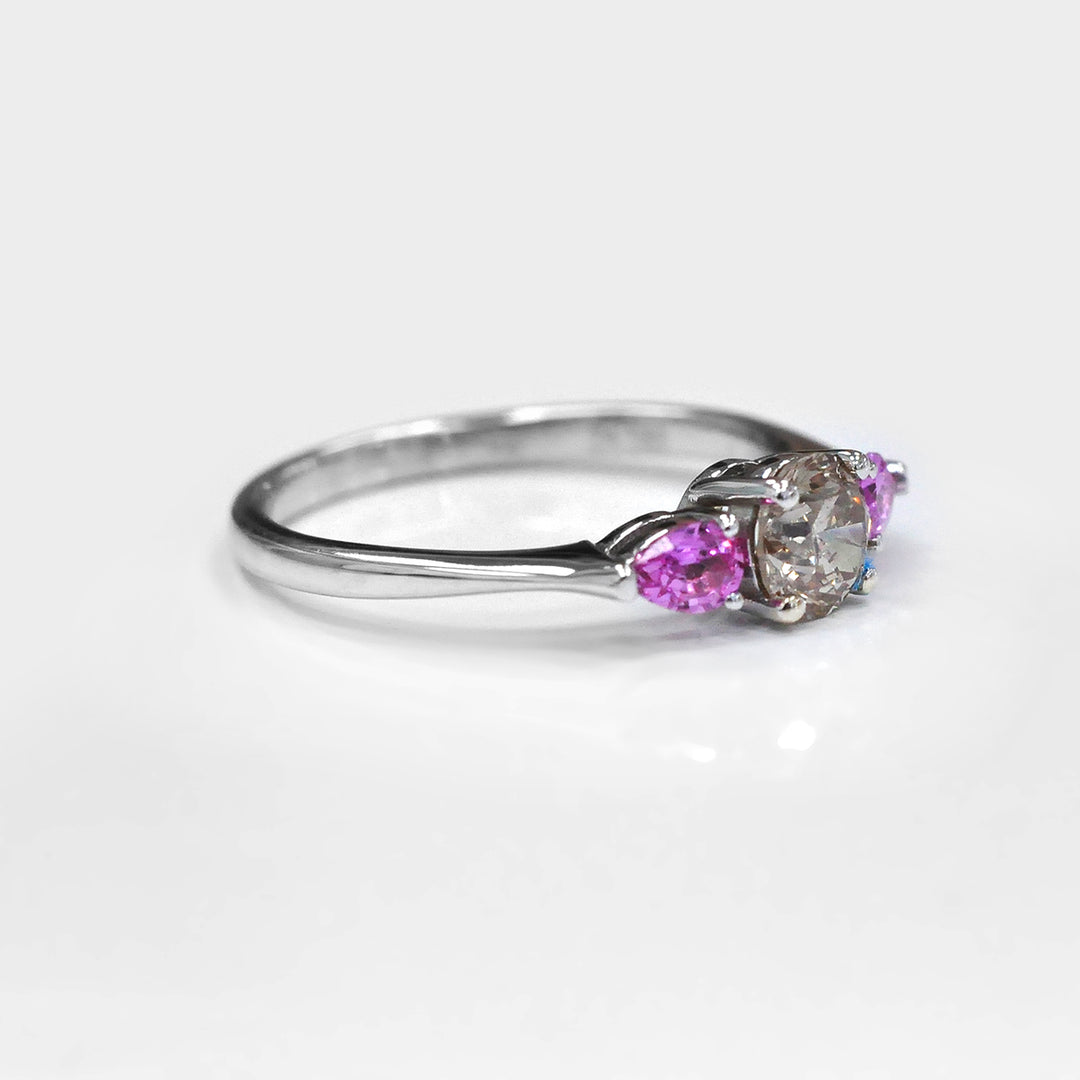 Light Brown Diamond and Pink Sapphire 3 stones Ring