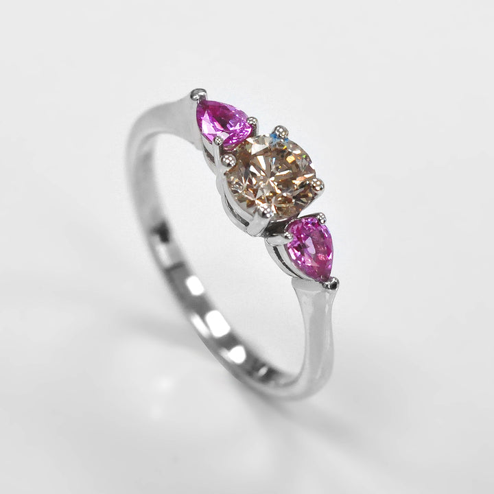 Light Brown Diamond and Pink Sapphire 3 stones Ring