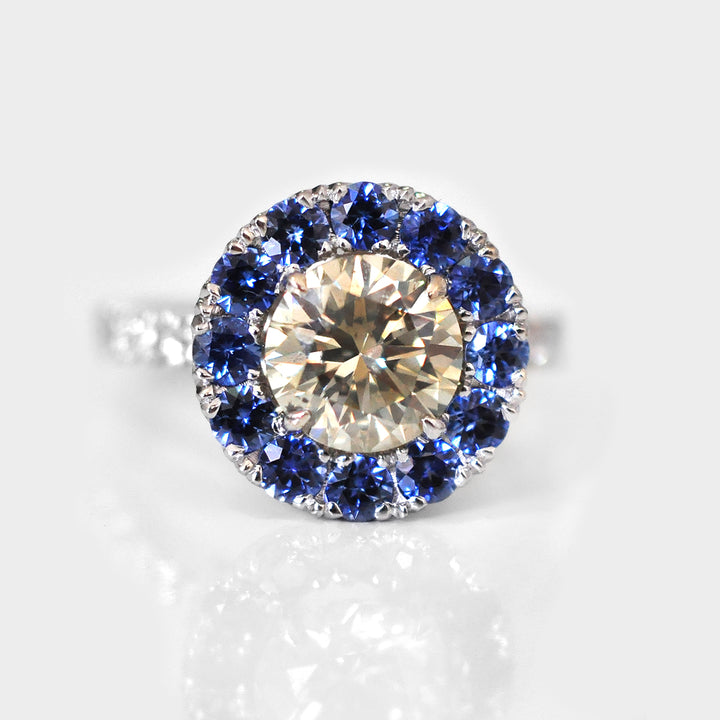 Light Brown Diamond &amp; Blue Sapphire Halo Ring