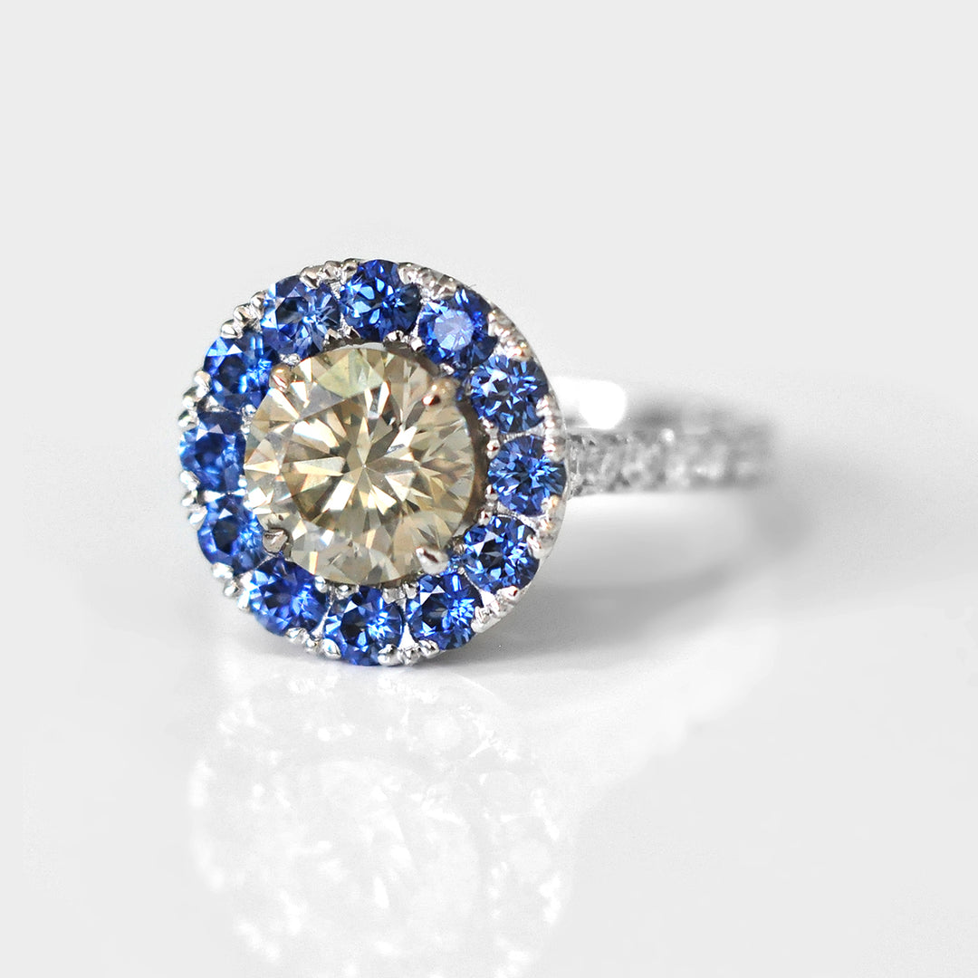 Light Brown Diamond &amp; Blue Sapphire Halo Ring
