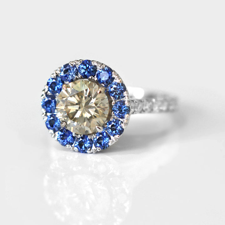 Light Brown Diamond &amp; Blue Sapphire Halo Ring