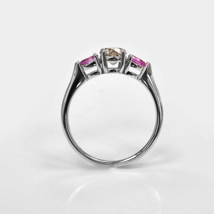 Light Brown Diamond and Pink Sapphire 3 stones Ring