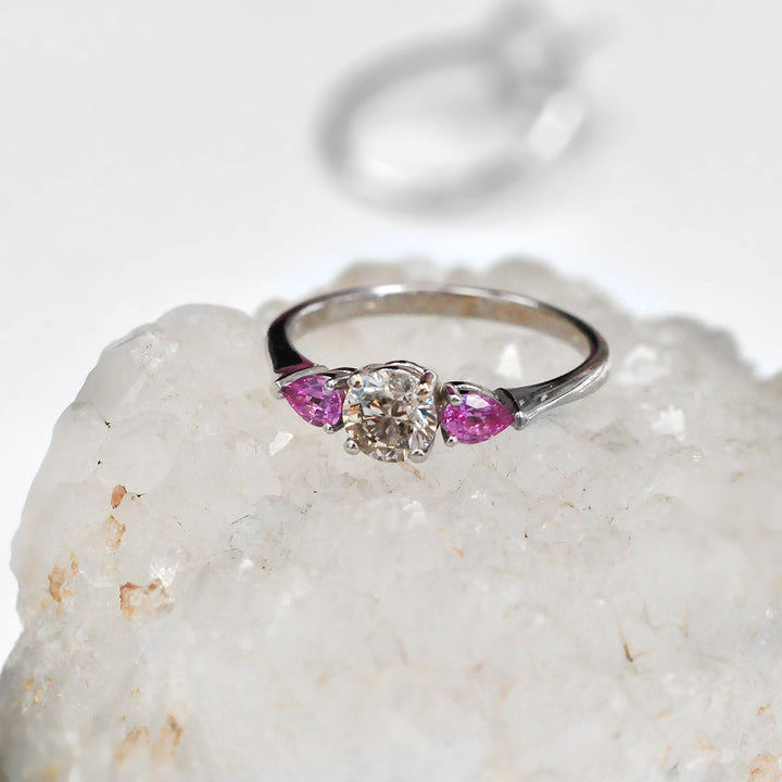 Light Brown Diamond and Pink Sapphire 3 stones Ring