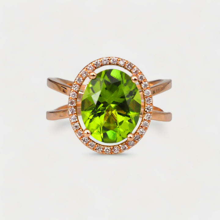 3.0 Carat Green Peridot and white diamonds Halo Ring