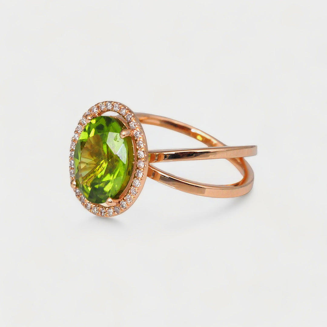 3.0 Carat Green Peridot and white diamonds Halo Ring