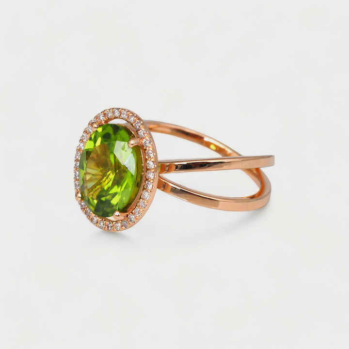 3.0 Carat Green Peridot and white diamonds Halo Ring