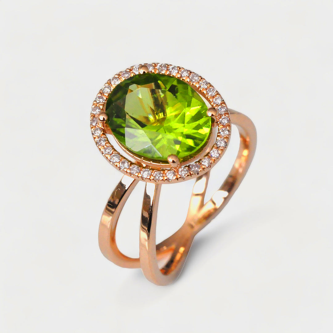3.0 Carat Green Peridot and white diamonds Halo Ring
