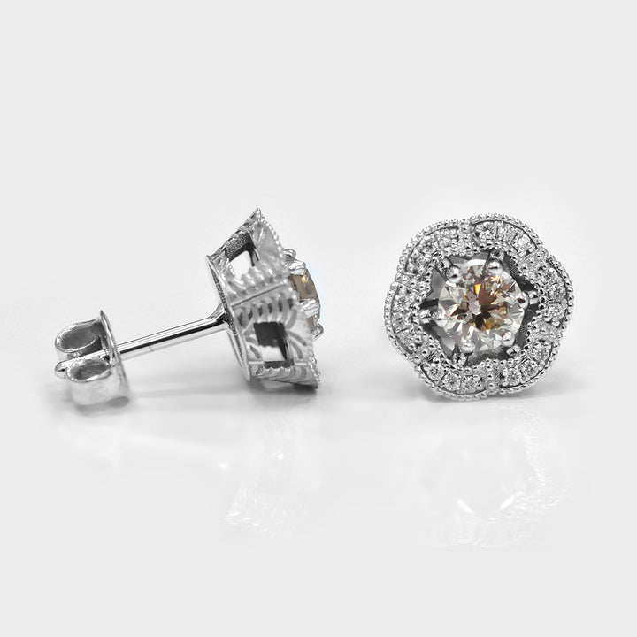 Light Brown Halo Diamonds White Gold Stud Earrings