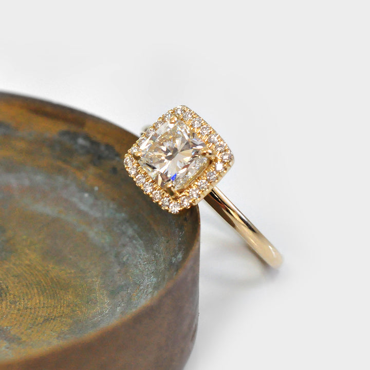 18K Yellow Gold Cushion Halo Diamonds Engagement Ring
