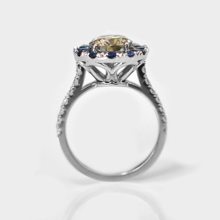 Light Brown Diamond &amp; Blue Sapphire Halo Ring