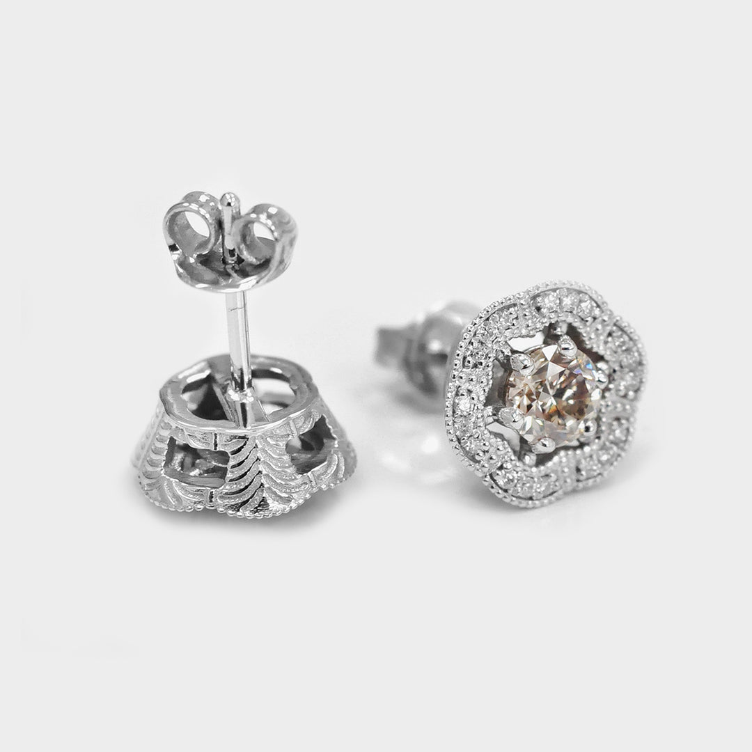Light Brown Halo Diamonds White Gold Stud Earrings