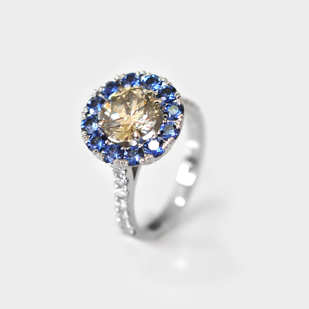 Light Brown Diamond &amp; Blue Sapphire Halo Ring