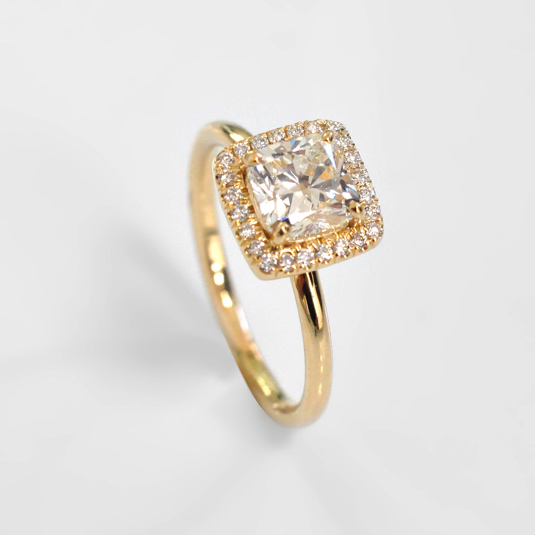 18K Yellow Gold Cushion Halo Diamonds Engagement Ring