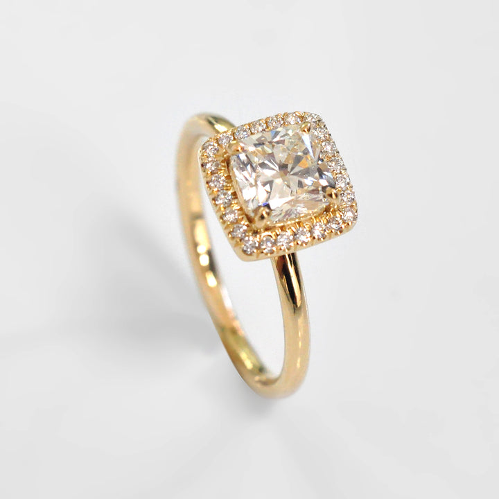 18K Yellow Gold Cushion Halo Diamonds Engagement Ring