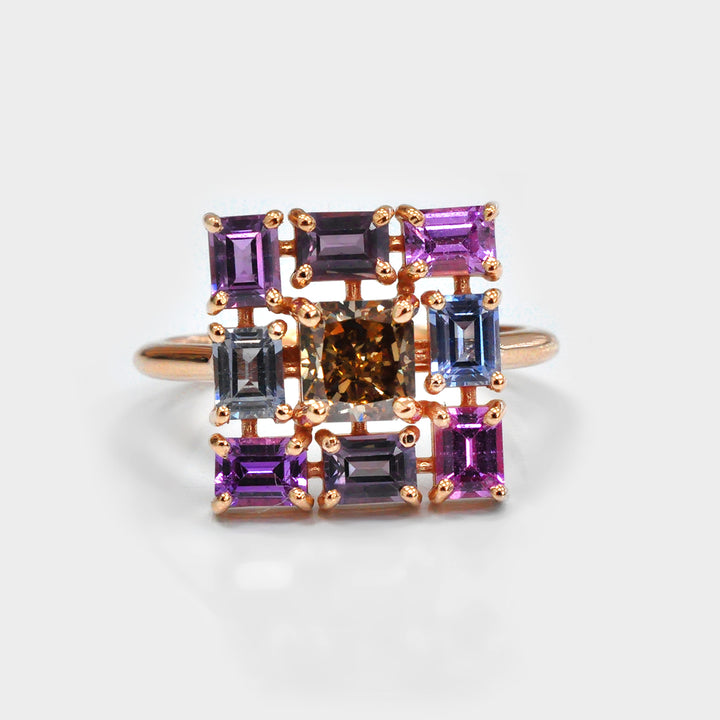 Fancy Orange-Brown radiant Diamond &amp; Fancy Sapphires Ring