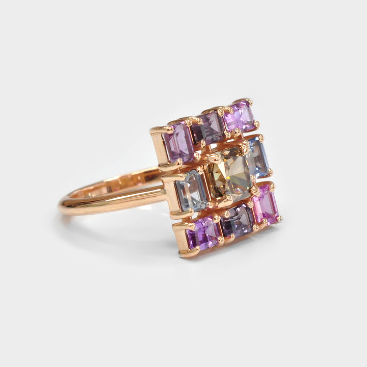 Fancy Orange-Brown radiant Diamond &amp; Fancy Sapphires Ring
