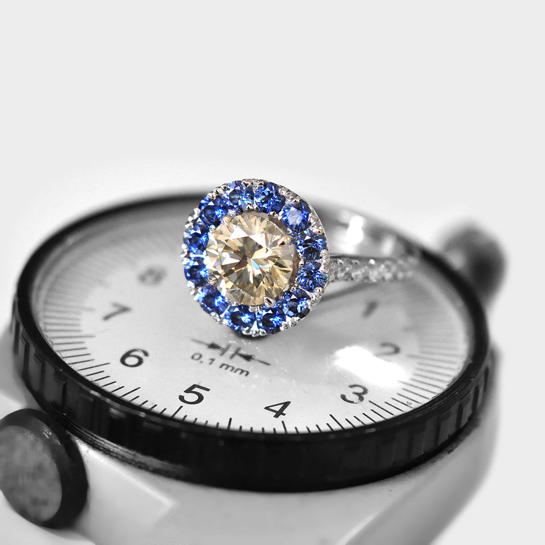 Light Brown Diamond &amp; Blue Sapphire Halo Ring