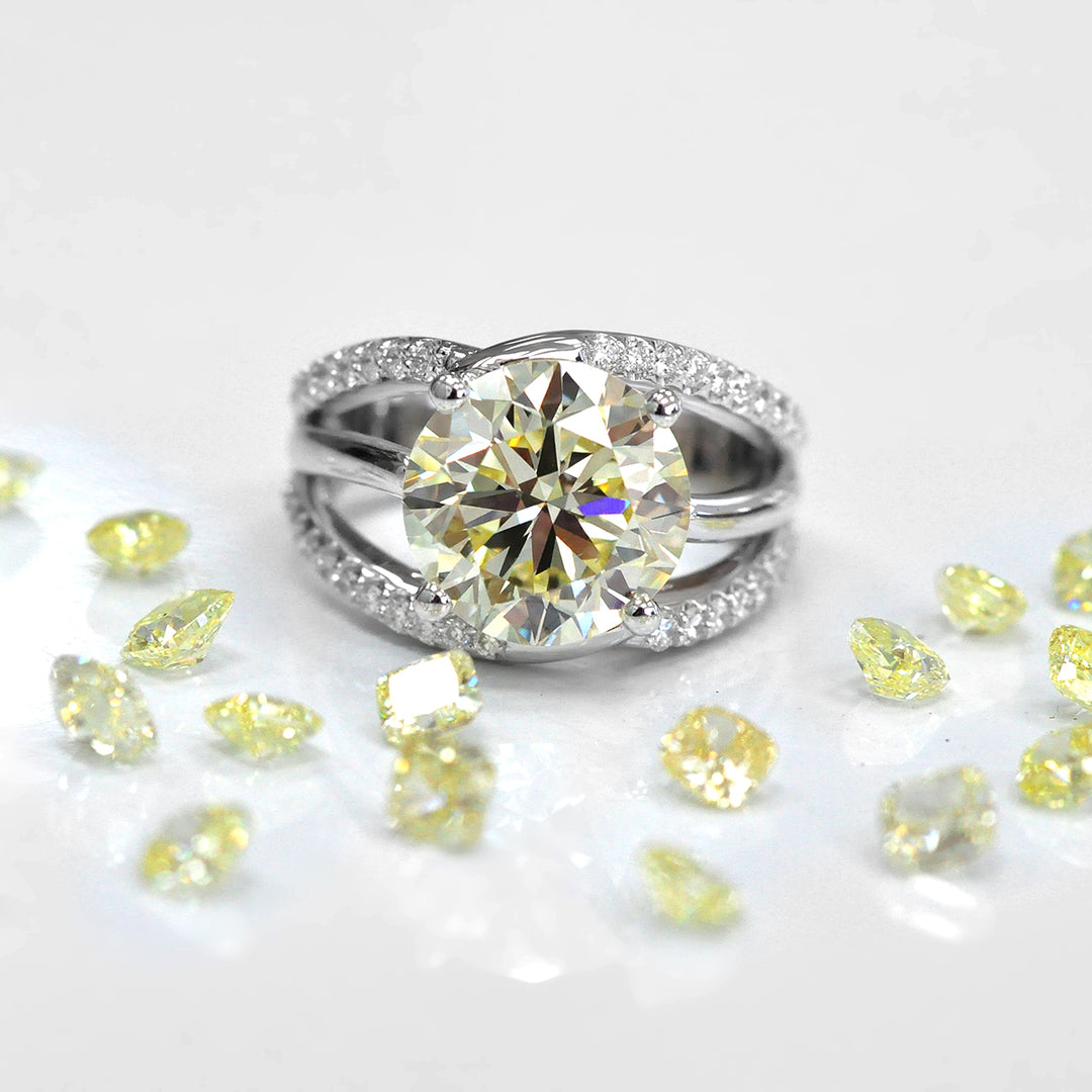Five Carat Round LIght Yellow Diamond &amp; Side stones Ring