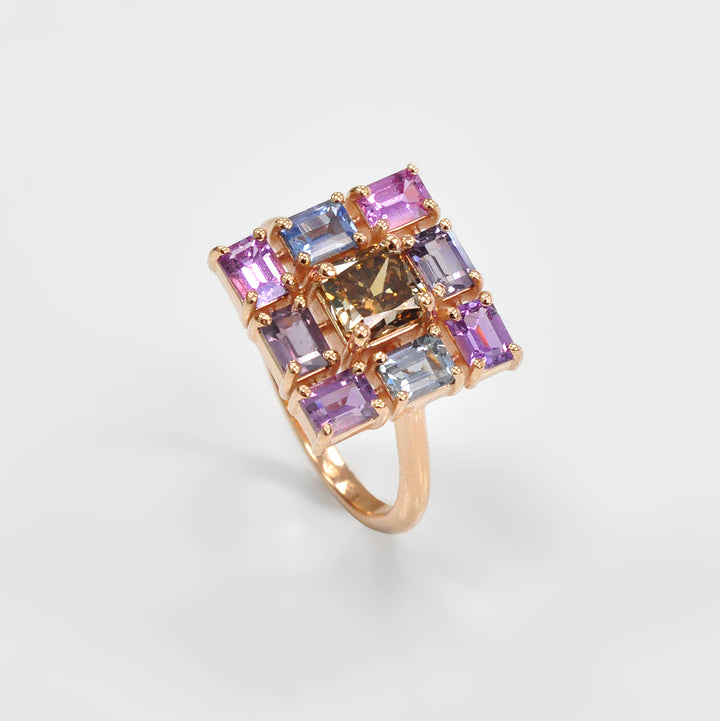 Fancy Orange-Brown radiant Diamond &amp; Fancy Sapphires Ring