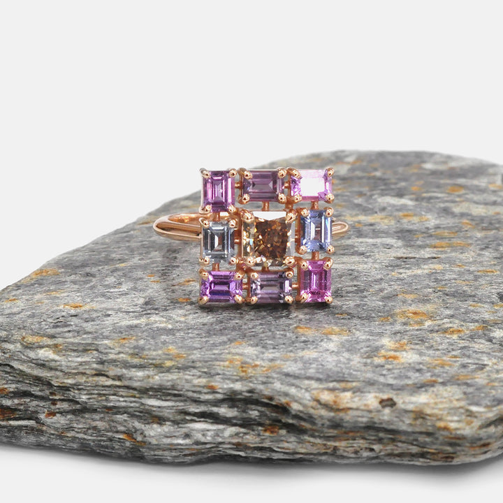 Fancy Orange-Brown radiant Diamond &amp; Fancy Sapphires Ring