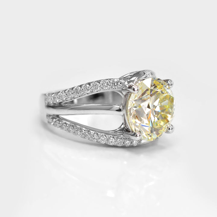 Five Carat Round LIght Yellow Diamond &amp; Side stones Ring