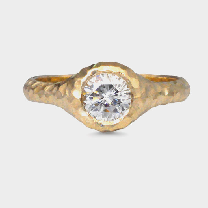mat Hammered  Gold bezel set engagement ring