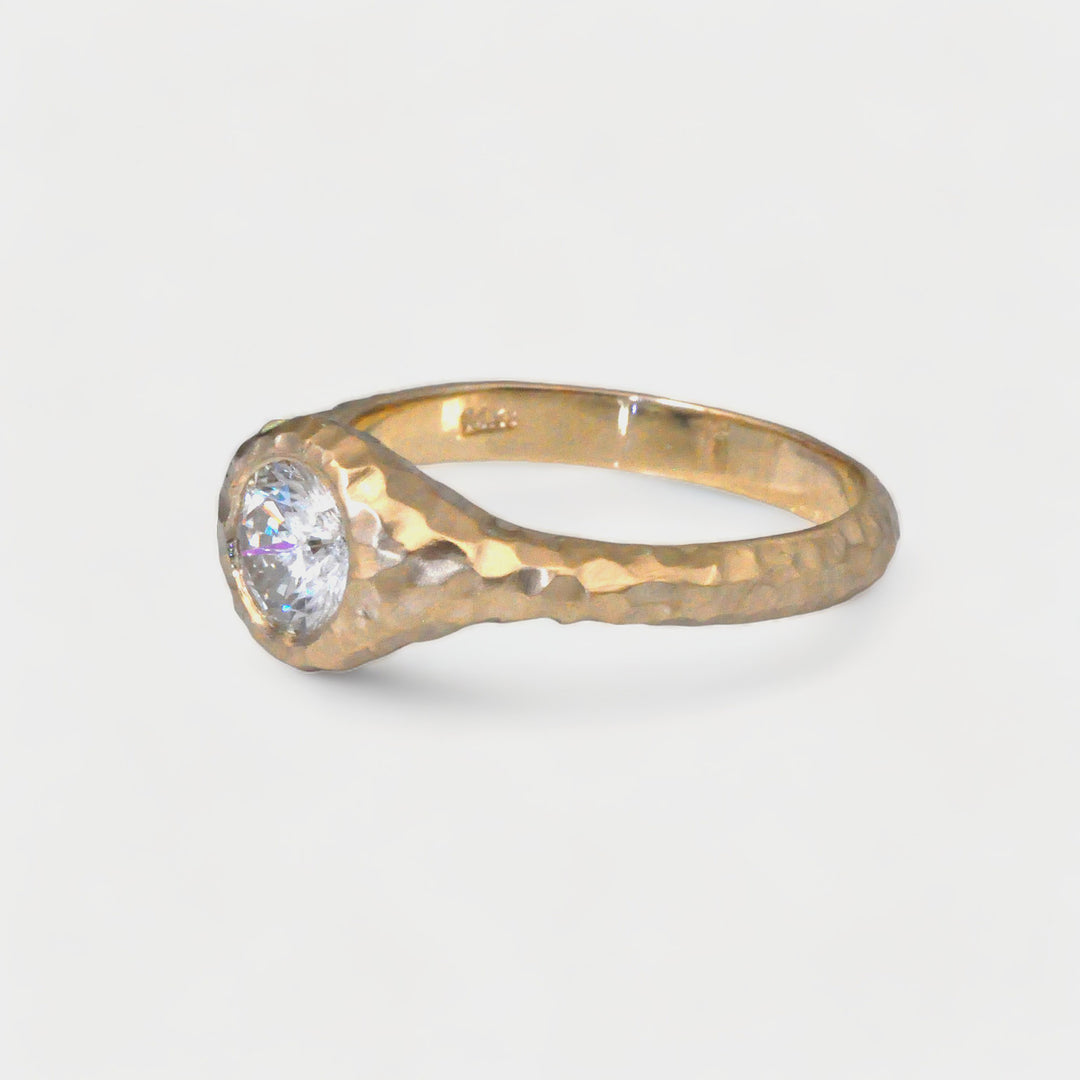 mat Hammered  Gold bezel set engagement ring