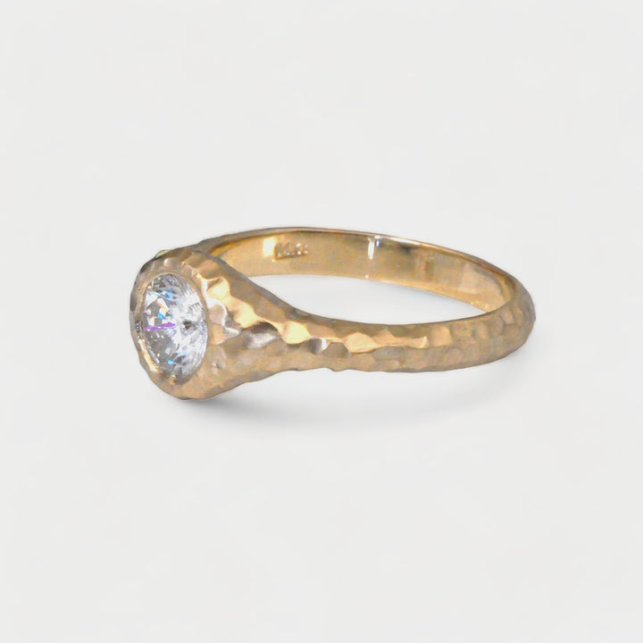 mat Hammered  Gold bezel set engagement ring