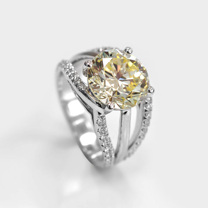 Five Carat Round LIght Yellow Diamond &amp; Side stones Ring