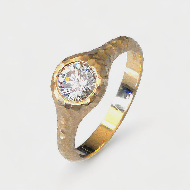 mat Hammered  Gold bezel set engagement ring