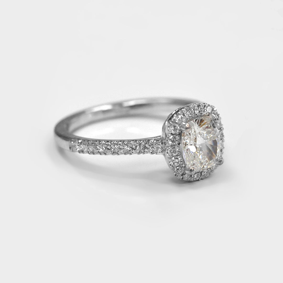 Cushion Cut White Diamond Halo Ring in White Gold