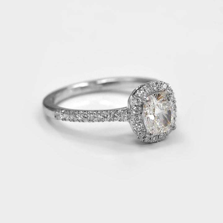Cushion Cut White Diamond Halo Ring in White Gold
