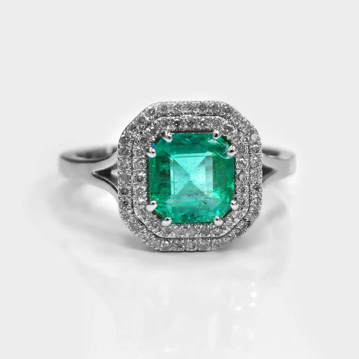 Double Halo Square Emerald &amp; Diamonds Ring