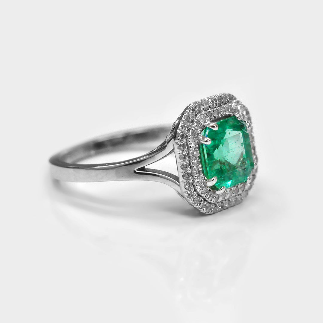 Double Halo Square Emerald &amp; Diamonds Ring