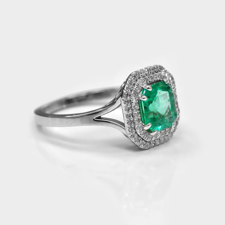Double Halo Square Emerald &amp; Diamonds Ring