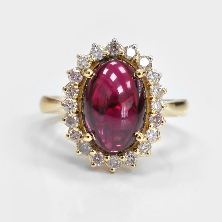 Cabochon Red Garnet and diamonds Halo Ring