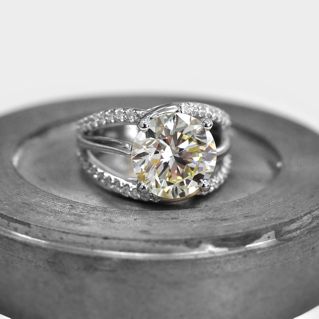 Five Carat Round LIght Yellow Diamond &amp; Side stones Ring