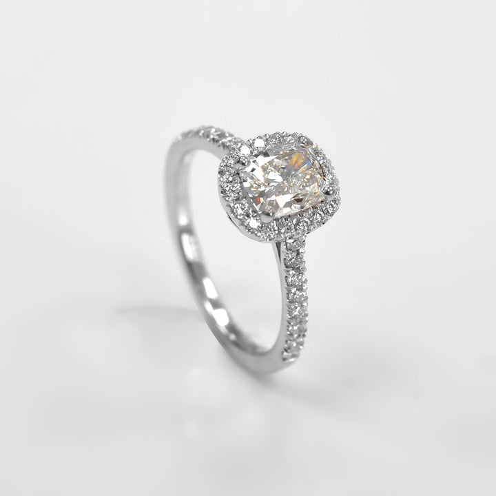 Cushion Cut White Diamond Halo Ring in White Gold
