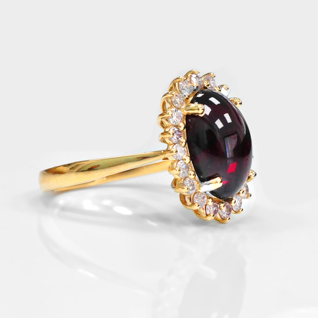 Cabochon Red Garnet and diamonds Halo Ring