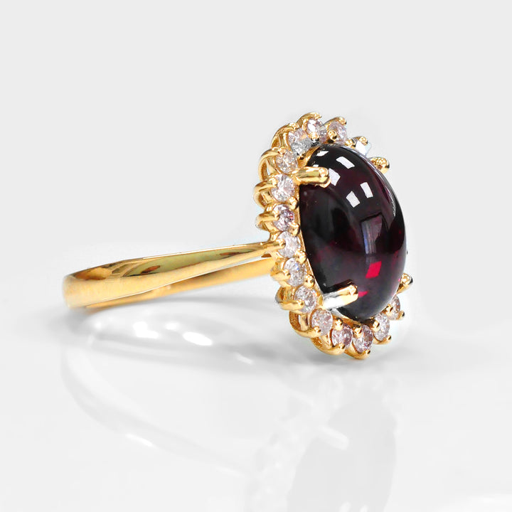 Cabochon Red Garnet and diamonds Halo Ring