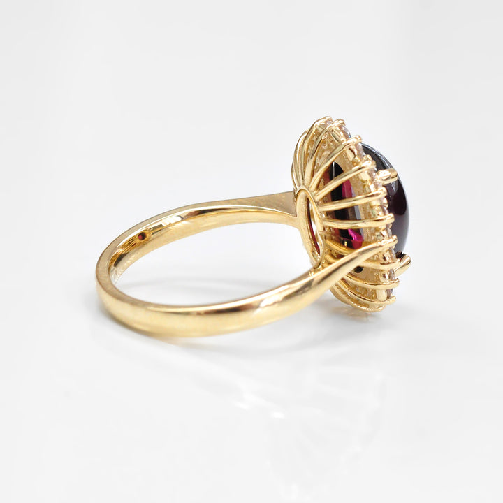 Cabochon Red Garnet and diamonds Halo Ring