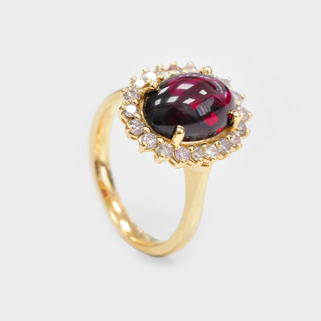 Cabochon Red Garnet and diamonds Halo Ring
