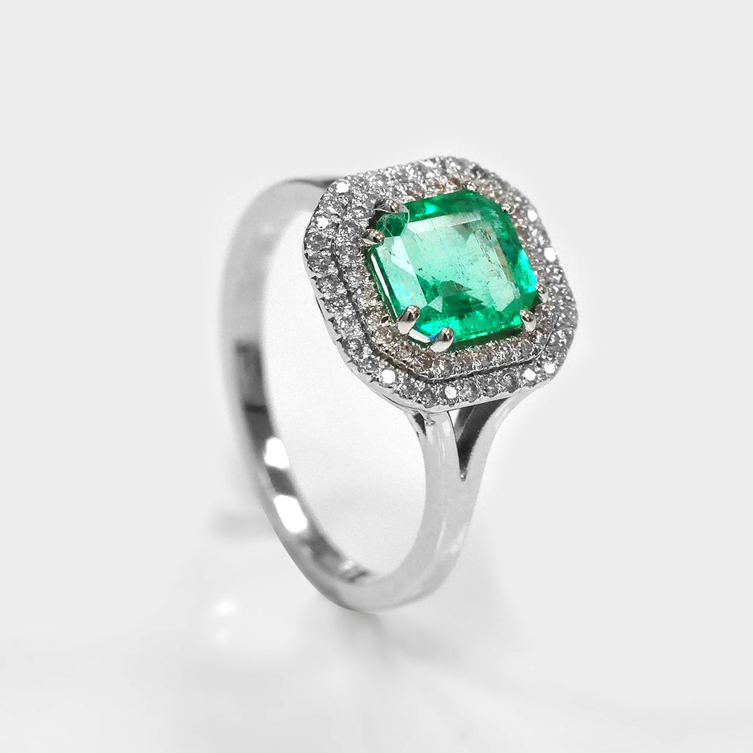 Double Halo Square Emerald &amp; Diamonds Ring