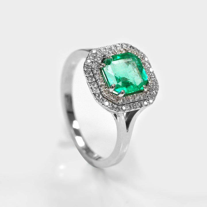 Double Halo Square Emerald &amp; Diamonds Ring