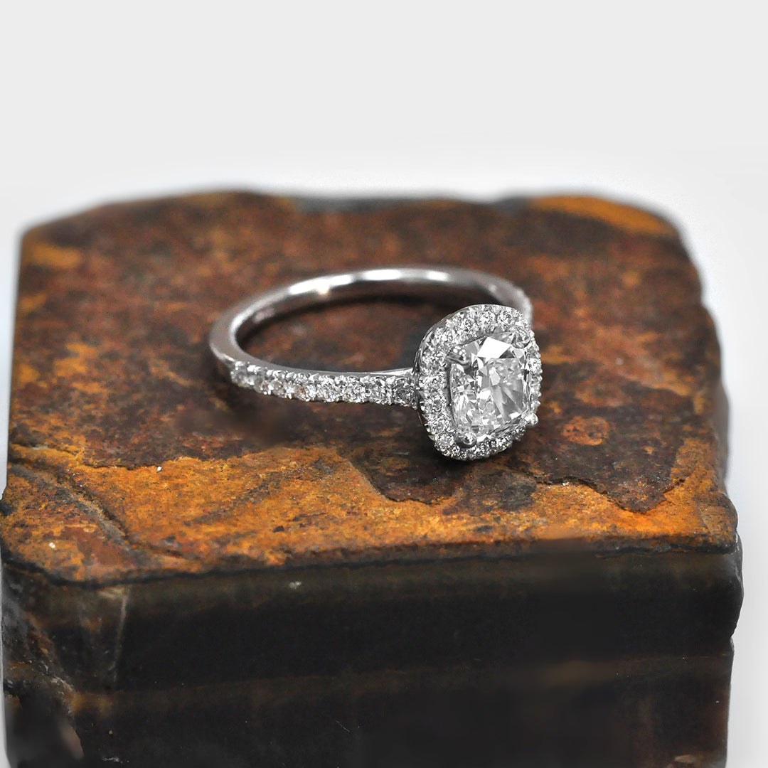 Cushion Cut White Diamond Halo Ring in White Gold